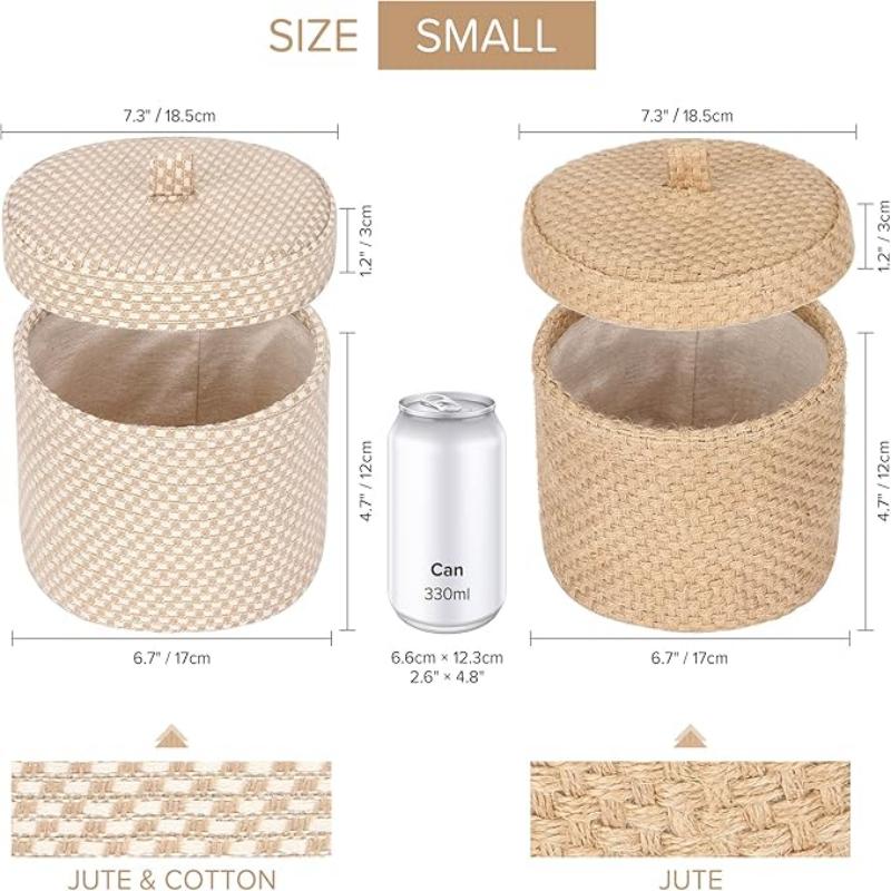 2 Pack Jute and Cotton Linen Storage Basket Cute Round Box for Toiletry Toy Sundry Item 2 Liters Desk Gadget Organizer with Lid