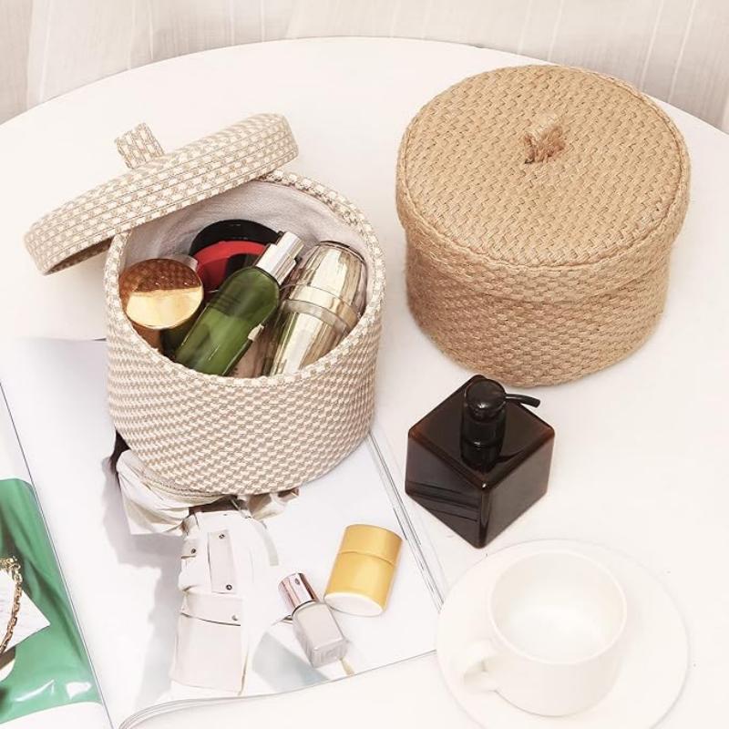 2 Pack Jute and Cotton Linen Storage Basket Cute Round Box for Toiletry Toy Sundry Item 2 Liters Desk Gadget Organizer with Lid