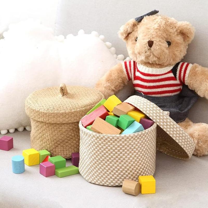 2 Pack Jute and Cotton Linen Storage Basket Cute Round Box for Toiletry Toy Sundry Item 2 Liters Desk Gadget Organizer with Lid