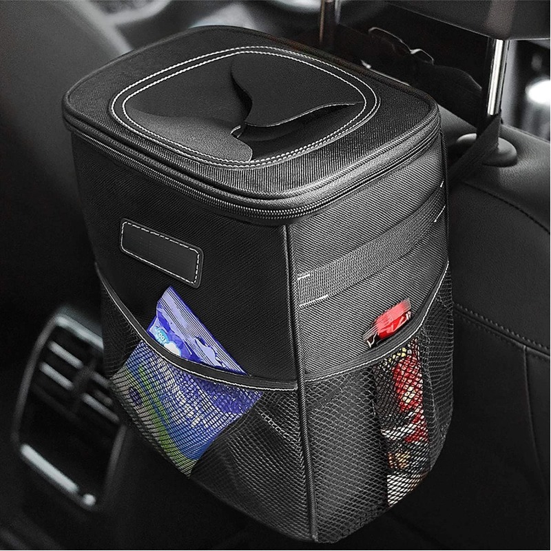 Car Trash Can with Lid and Storage Pockets 100% Leak-Proof Organizer, Waterproof Garbage Bin