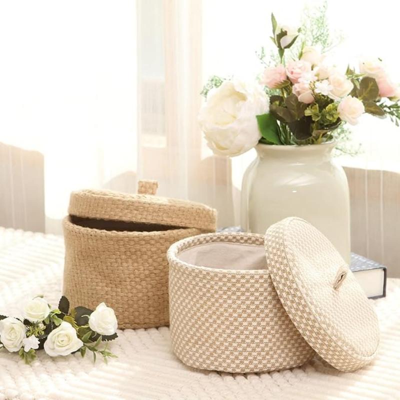 2 Pack Jute and Cotton Linen Storage Basket Cute Round Box for Toiletry Toy Sundry Item 2 Liters Desk Gadget Organizer with Lid