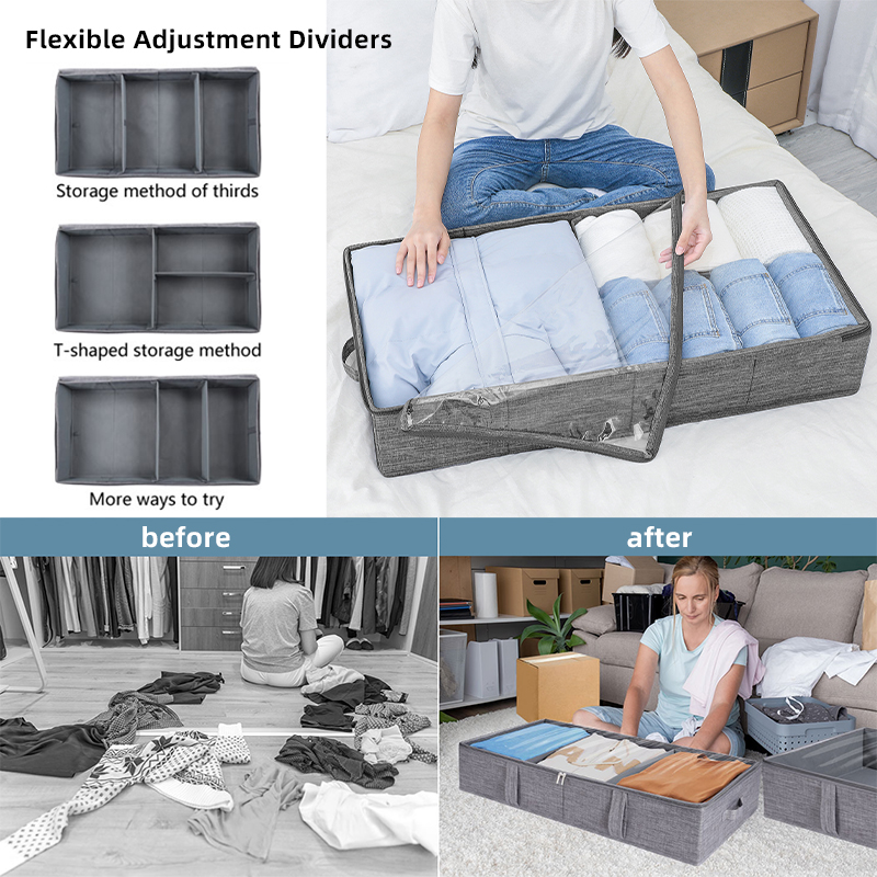 Under Bed Storage Containers Underbed Storage Box with Sturdy Sidewalls/Bottom and 4 Handles for Clothes, Blanket, Pillows and Shoes, Thick Fabric with Sturdy Structure