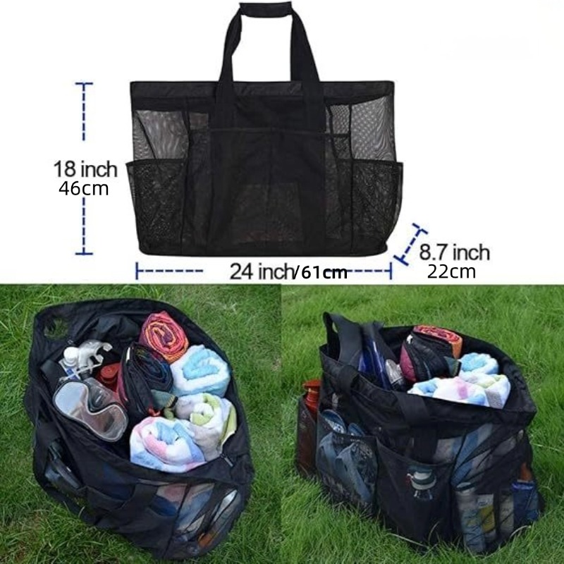 Factory Beach Bag, Mesh Tote Bag with Zipper and 4 Pockets for Trip