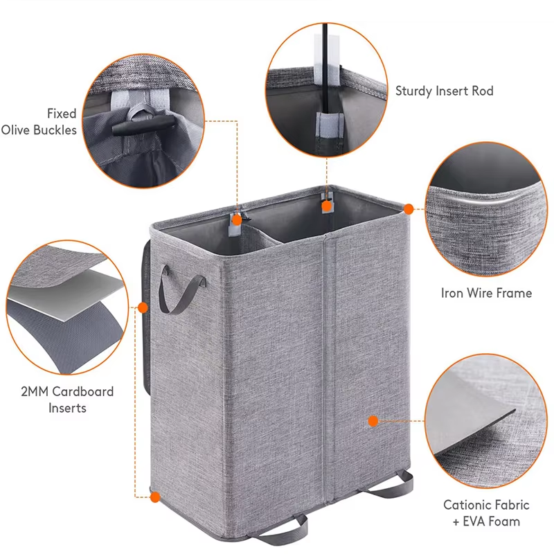 Foldable Cotton Linen Double-Layer Laundry Hamper with Lid 2 Dividers Dirty Clothes Laundry Basket