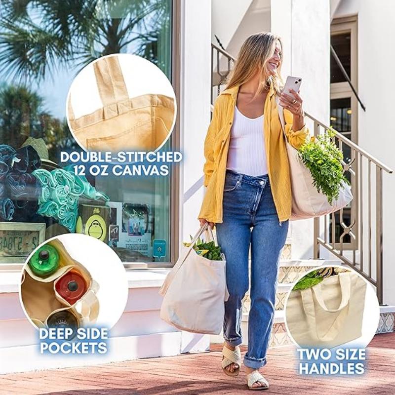 Shoulder Strap Canvas Grocery Handbag Shopping Tote Bag with Pockets