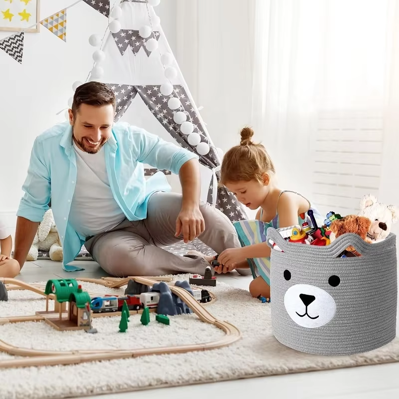 Cotton Rope Bear Laundry Hamper Basket Toy Storage Baskets for Bedroom 