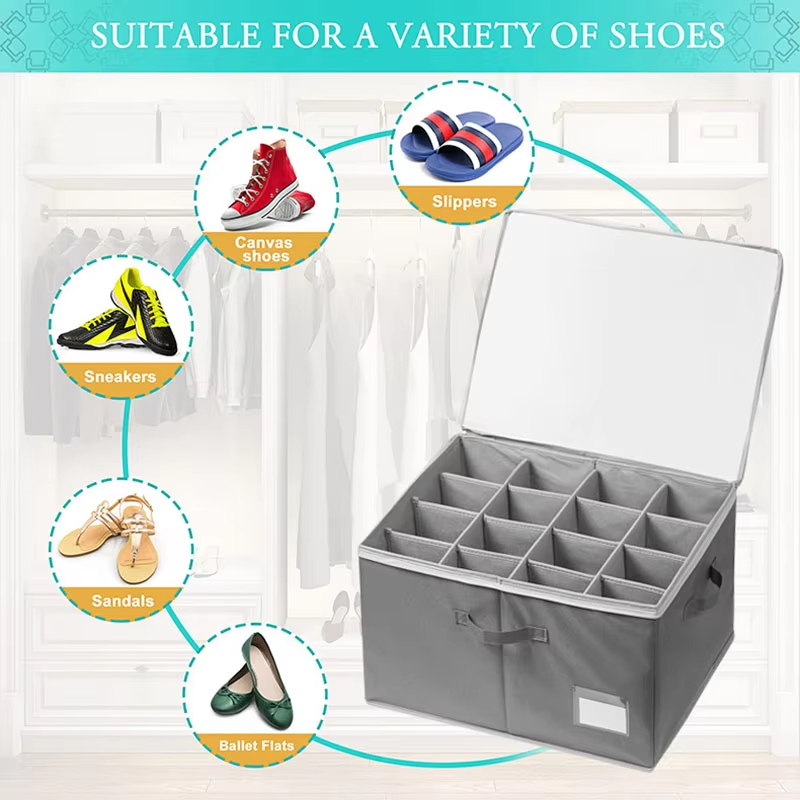 New Polyester 16 Grids Folding Sneakers Sandals Storage Box Bin Folding Washable Shoe Organizer With Handle Lid Zipper