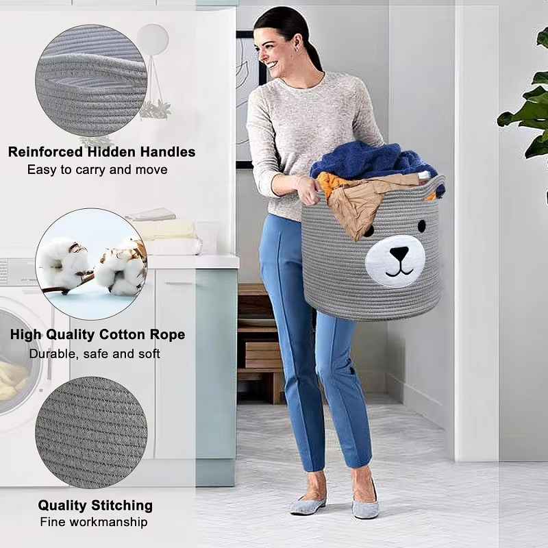Cotton Rope Bear Laundry Hamper Basket Toy Storage Baskets for Bedroom 