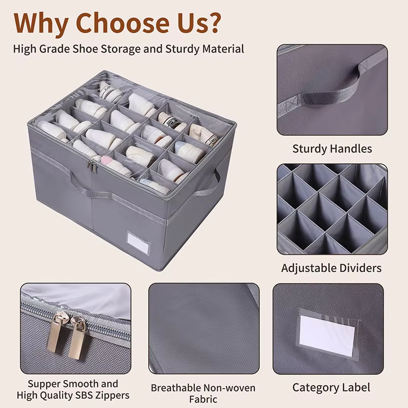 New Polyester 16 Grids Folding Sneakers Sandals Storage Box Bin Folding Washable Shoe Organizer With Handle Lid Zipper