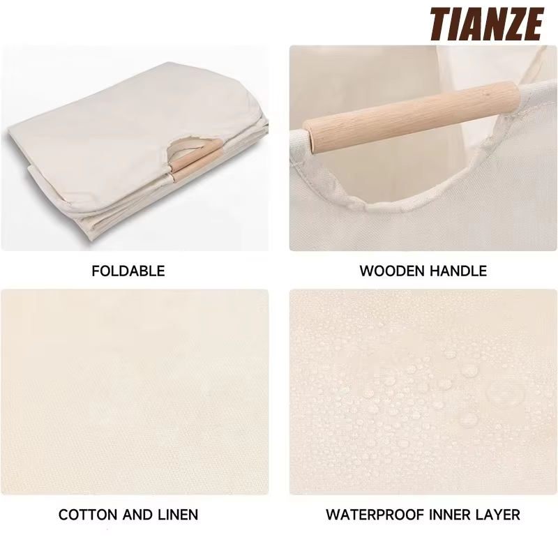Foldable Laundry Hamper Bag Laundry Baskets with Wooden Handle Household