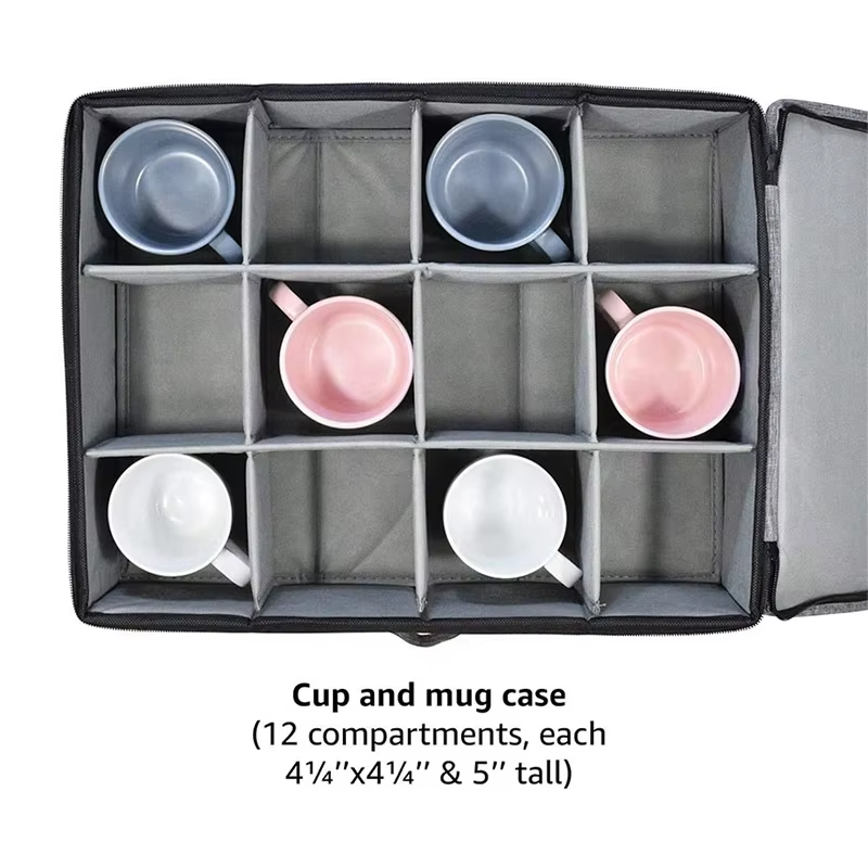 Cup and Mug Storage Box - 12 Padded Interior and Durable Handles