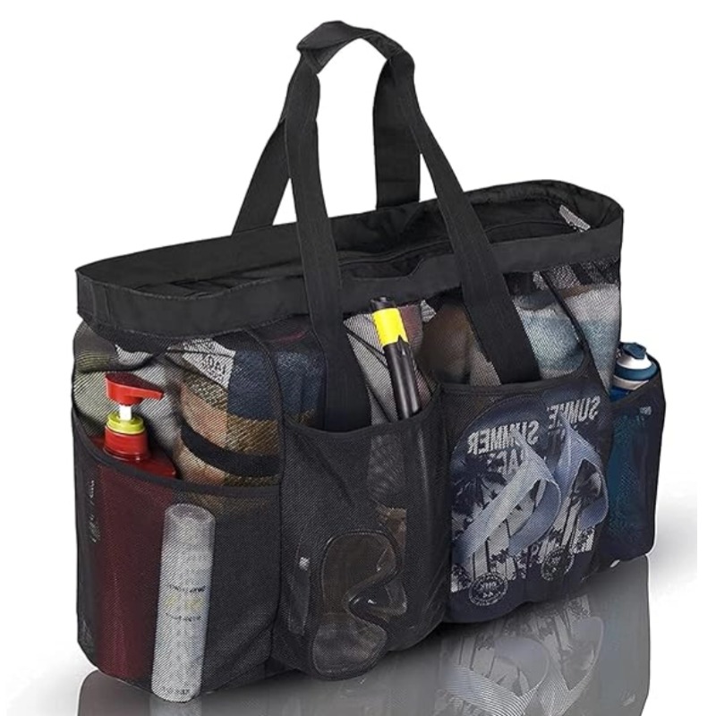Factory Beach Bag, Mesh Tote Bag with Zipper and 4 Pockets for Trip