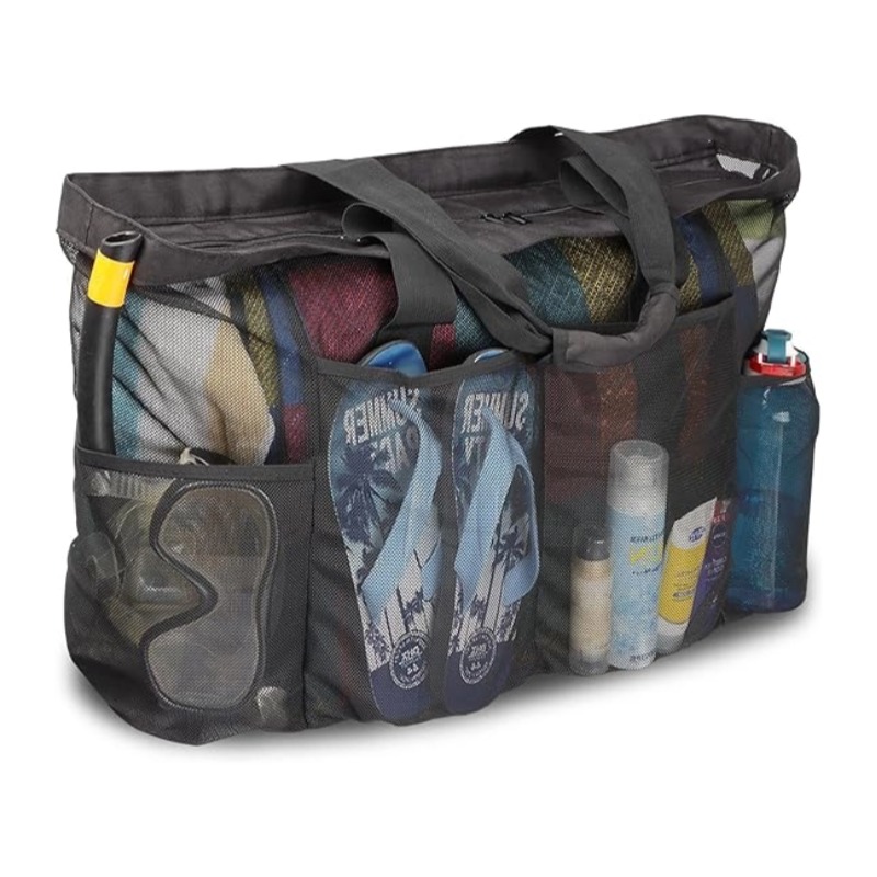 Factory Beach Bag, Mesh Tote Bag with Zipper and 4 Pockets for Trip
