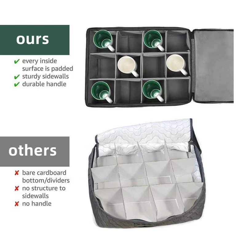Cup and Mug Storage Box - 12 Padded Interior and Durable Handles
