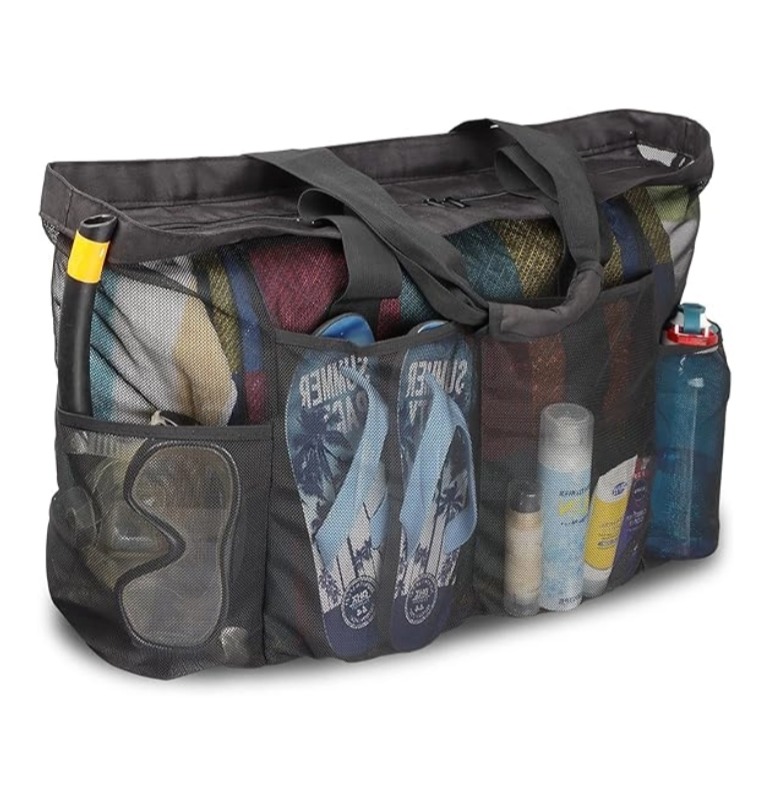 Factory Beach Bag, Mesh Tote Bag with Zipper and 4 Pockets for Trip