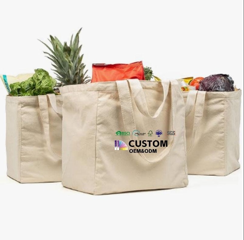 Shoulder Strap Canvas Grocery Handbag Shopping Tote Bag with Pockets
