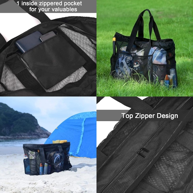 Factory Beach Bag, Mesh Tote Bag with Zipper and 4 Pockets for Trip