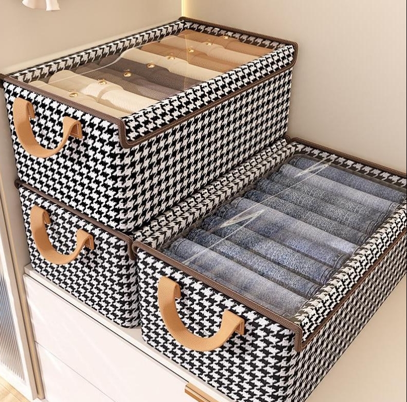 Large Stackable Storage Box Classic Clothes Organizer Bedding Storage Fabric Foldable Storage Box with Lid for Wardrobe