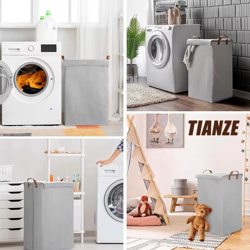 Grey Large Linen Laundry Basket Laundry Hample with Cover for Bathroom