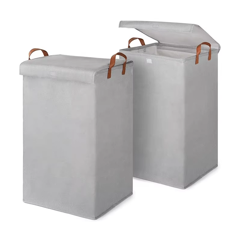Grey Large Linen Laundry Basket Laundry Hample with Cover for Bathroom