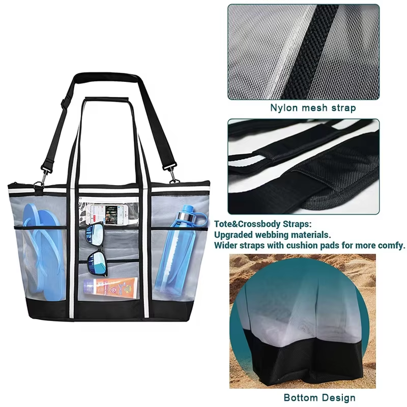Top Zip Shoulder Handbag Transparent Large Mesh Summer Beach Bag Tote
