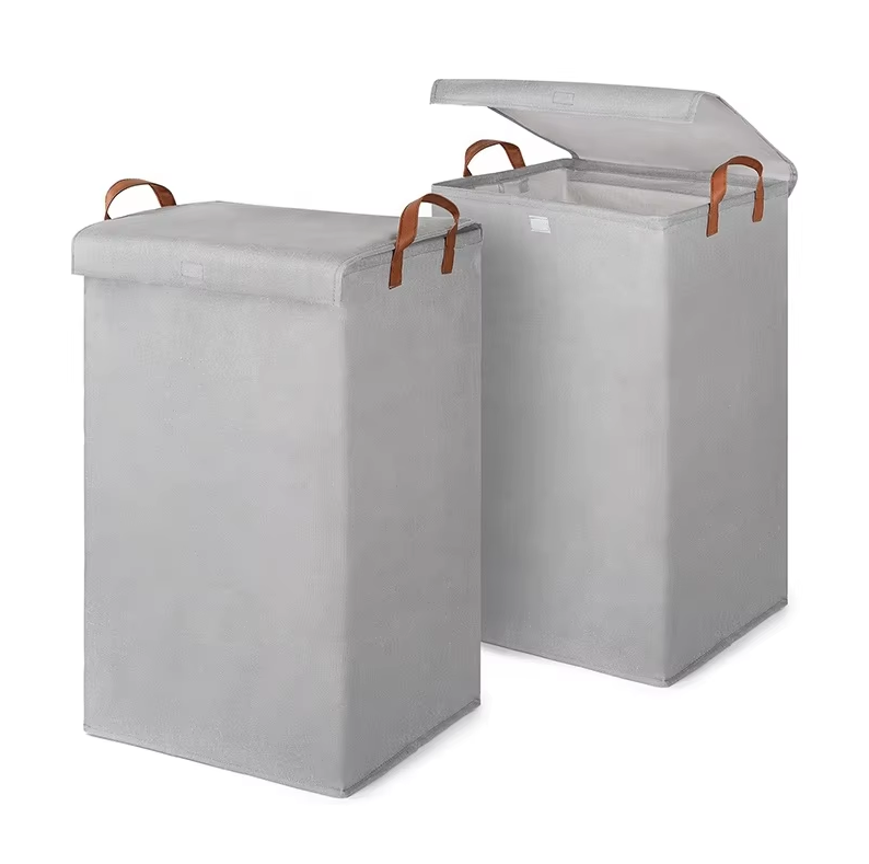 Grey Large Linen Laundry Basket Laundry Hample with Cover for Bathroom