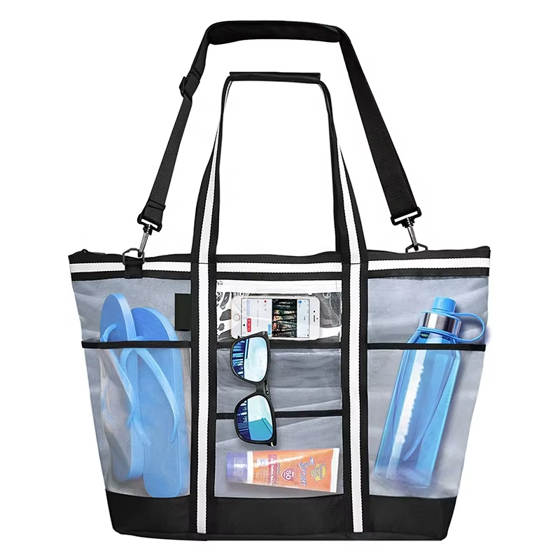 Top Zip Shoulder Handbag Transparent Large Mesh Summer Beach Bag Tote