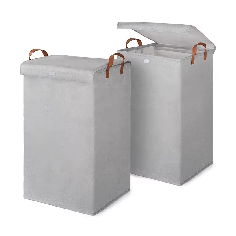 Grey Large Linen Laundry Basket Laundry Hample with Cover for Bathroom