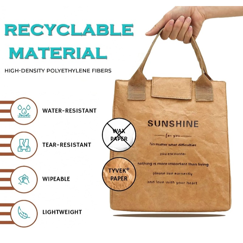Brown Paper Tyvek Lunch Bag Waterproof Insulated Cooler Bag Eco Reusable