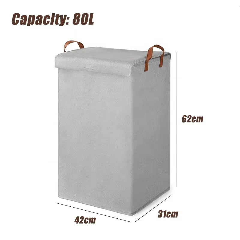 Grey Large Linen Laundry Basket Laundry Hample with Cover for Bathroom
