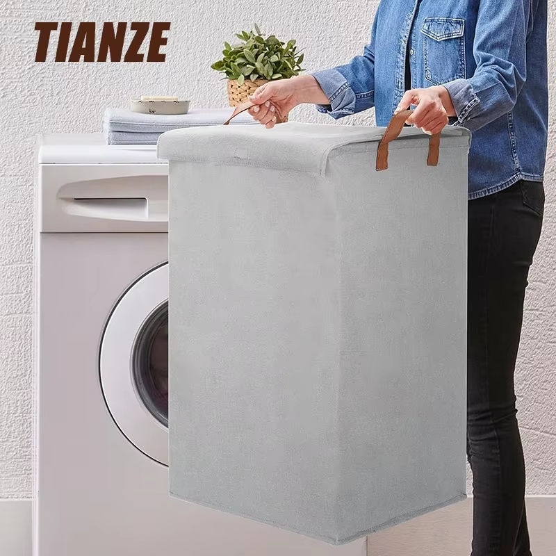 Grey Large Linen Laundry Basket Laundry Hample with Cover for Bathroom