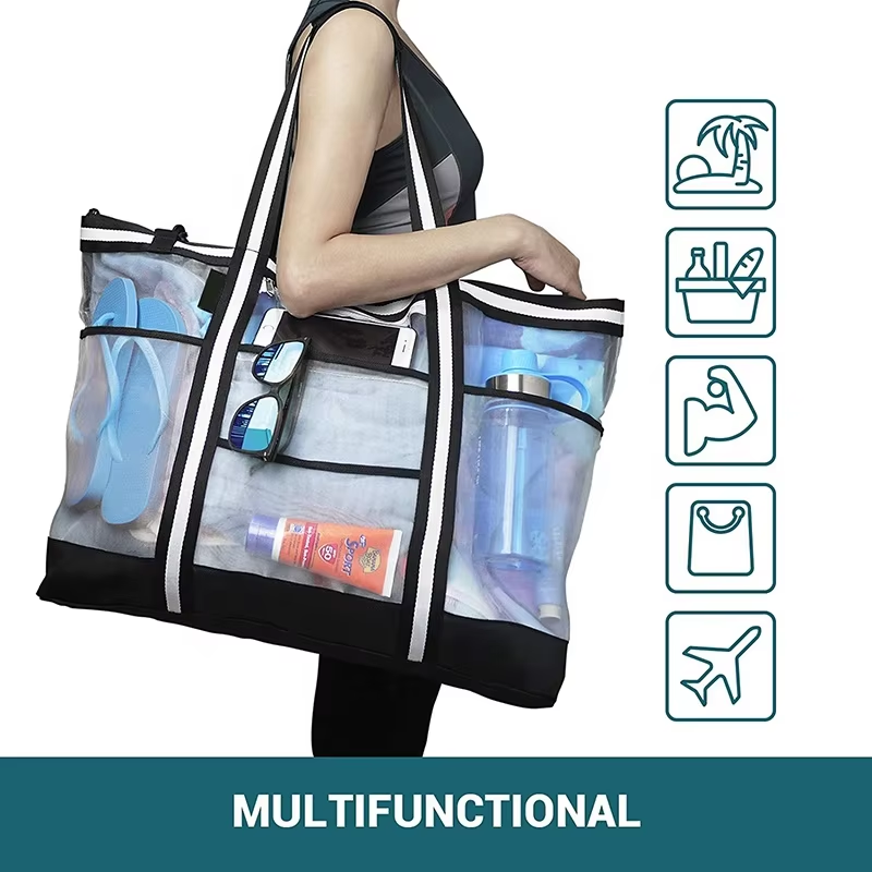 Top Zip Shoulder Handbag Transparent Large Mesh Summer Beach Bag Tote