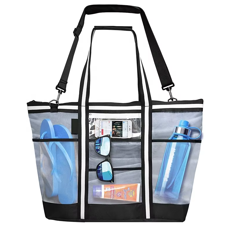 Top Zip Shoulder Handbag Transparent Large Mesh Summer Beach Bag Tote