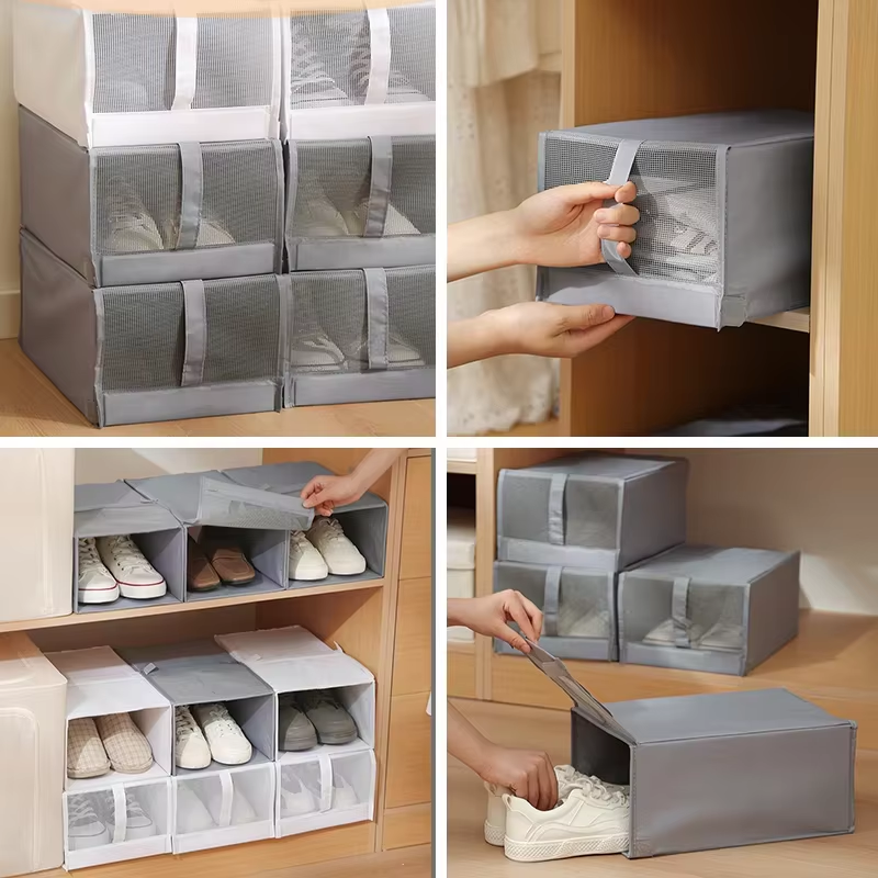 Shoe Organizer Stacked Storage Box With Mesh Window Lid Shoe Holder