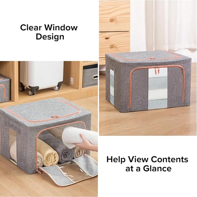 Metal Frame Clothes Storage Boxes Foldable Organizer with Clear Window