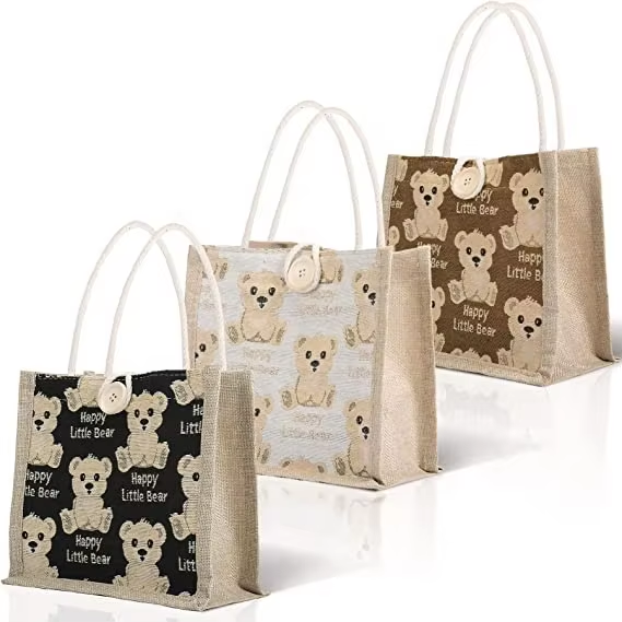Burlap Jute Tote Bags with Bear Prints Gift Bag Grocery Shopping Bag with Handles