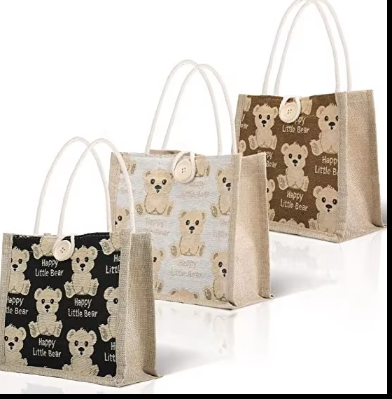 Burlap Jute Tote Bags with Bear Prints Gift Bag Grocery Shopping Bag with Handles