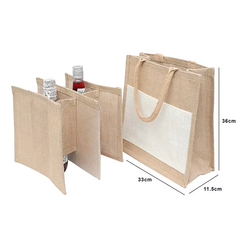 Custom 6 Bottle Natural Burlap Hessian Jute Tote Wine Bag With Divider