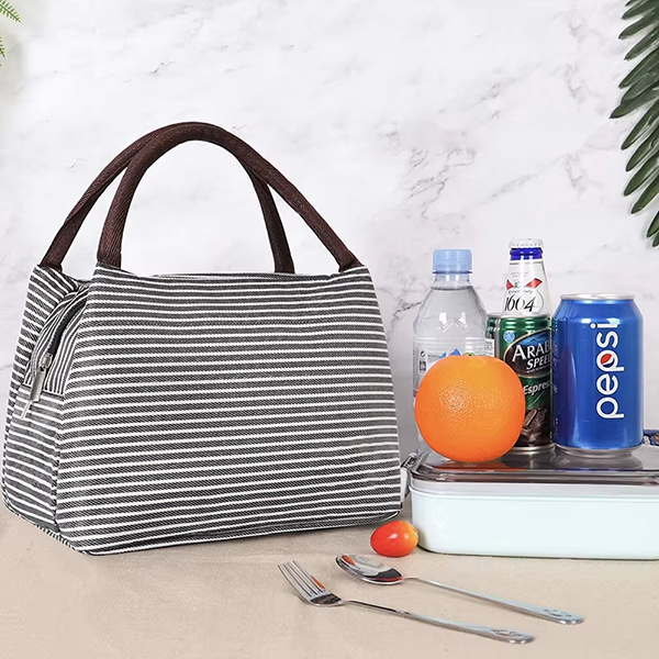 Cute Striped Large Lunch Box Bag Thermal Insulated Cooler Bag for Work