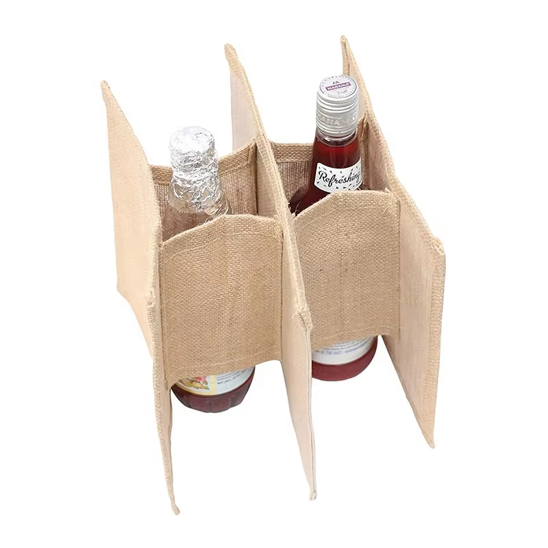 Custom 6 Bottle Natural Burlap Hessian Jute Tote Wine Bag With Divider