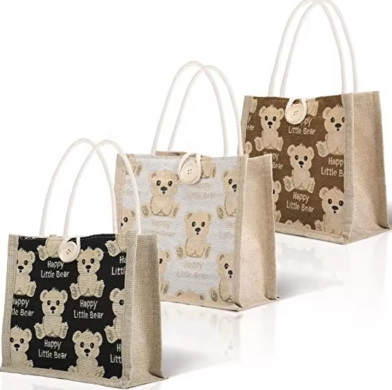 Burlap Jute Tote Bags with Bear Prints Gift Bag Grocery Shopping Bag with Handles