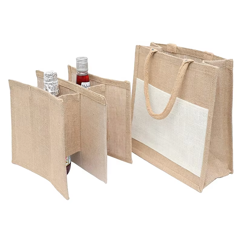 Custom 6 Bottle Natural Burlap Hessian Jute Tote Wine Bag With Divider