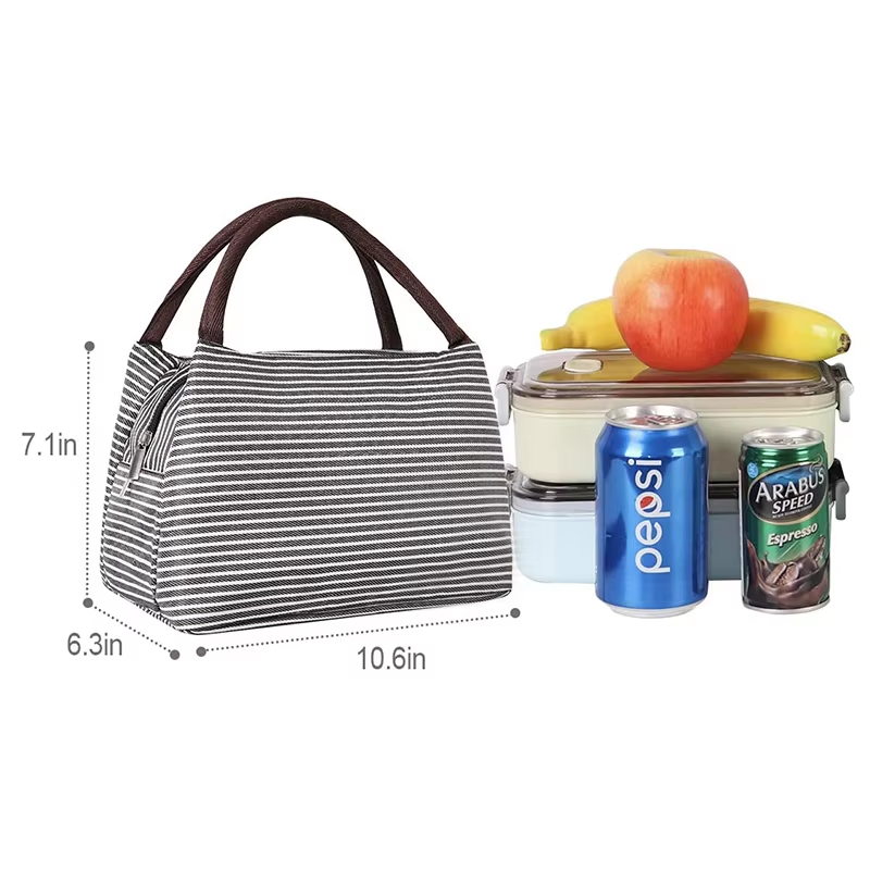 Cute Striped Large Lunch Box Bag Thermal Insulated Cooler Bag for Work