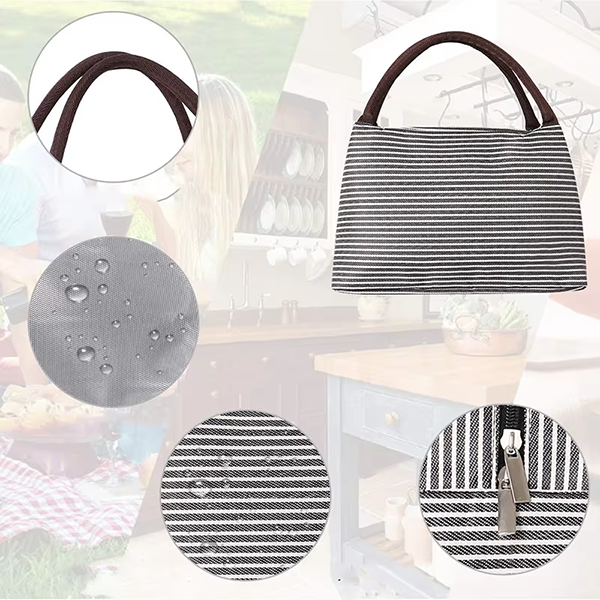 Cute Striped Large Lunch Box Bag Thermal Insulated Cooler Bag for Work