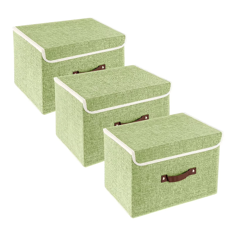 3 Pack Green Foldable Storage Box with Lid for Clothing Clothes Bedroom