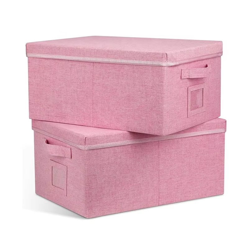 Pink Non Woven Closet Storage Boxes With Lid Folding Clothes Storage Bins