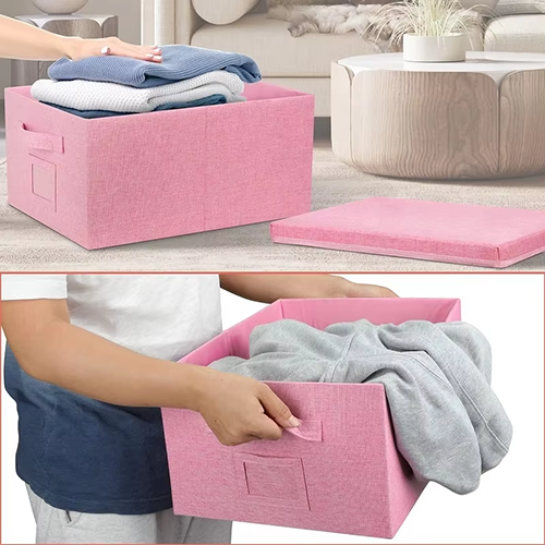 Pink Non Woven Closet Storage Boxes With Lid Folding Clothes Storage Bins