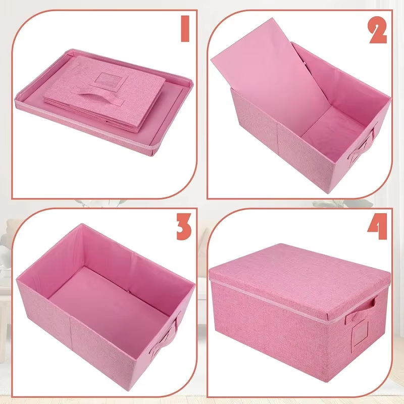 Pink Non Woven Closet Storage Boxes With Lid Folding Clothes Storage Bins