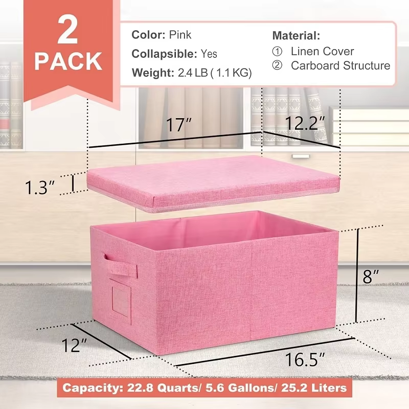 Pink Non Woven Closet Storage Boxes With Lid Folding Clothes Storage Bins