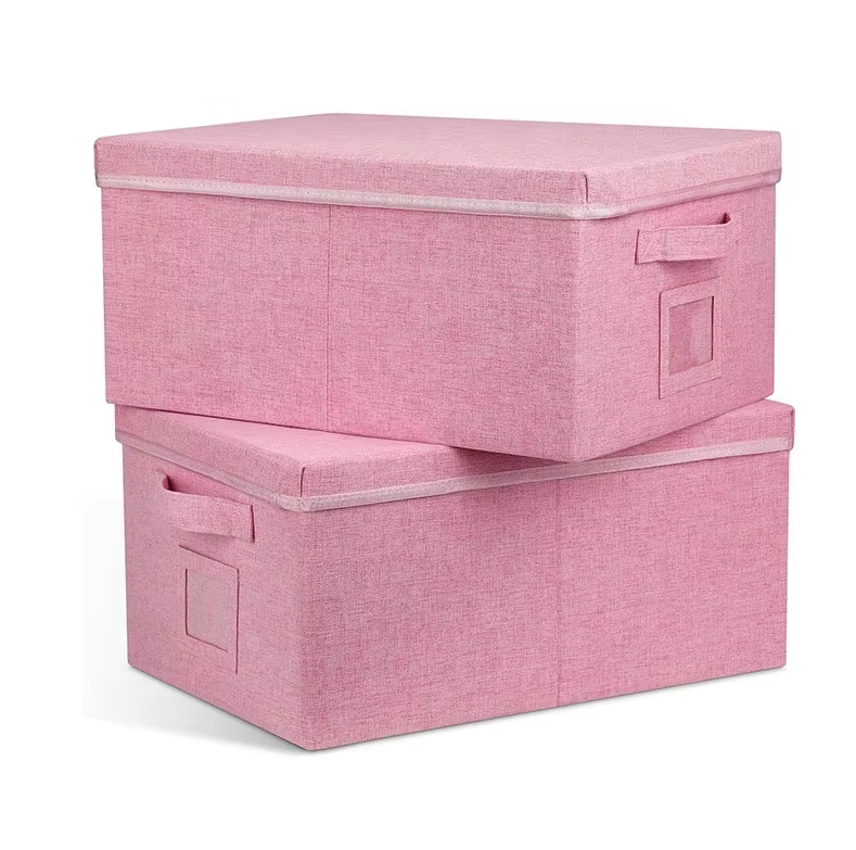 Pink Non Woven Closet Storage Boxes With Lid Folding Clothes Storage Bins